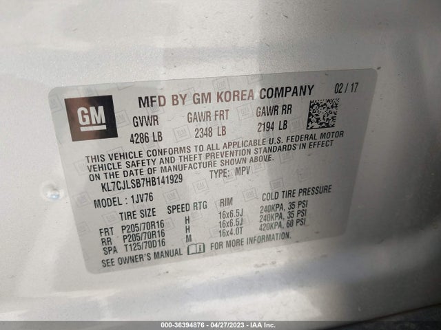Chevrolet Trax Lt 2017 KL7CJLSB7HB141929 Image 10