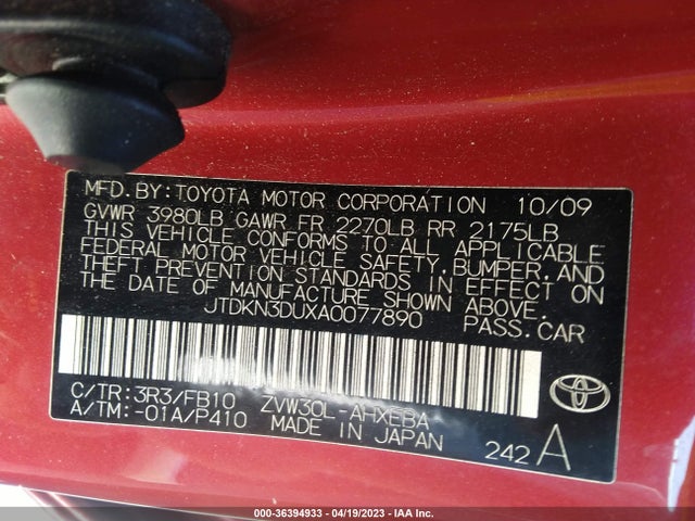 2010 TOYOTA PRIUS II/III/IV/V/I VIN: JTDKN3DUXA0077890
