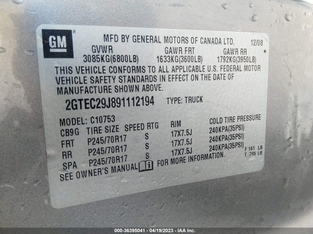 2009 GMC SIERRA 1500 SLE VIN: 2GTEC29J891112194