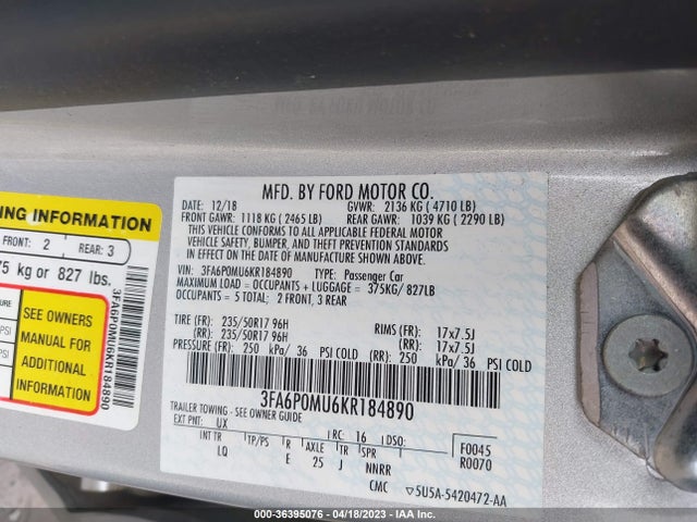 Ford Fusion Hybrid Sel 2019 3FA6P0MU6KR184890 Image 9