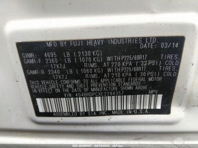 4S4BRDPCXE2294357 Subaru Outback 3.6r Limited