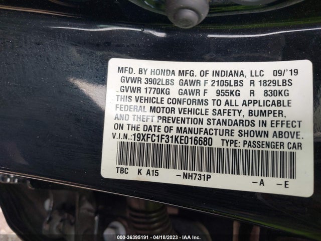 Honda Civic Sedan Ex 2019 19XFC1F31KE016680 Image 10