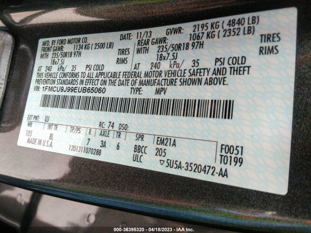 2014 FORD ESCAPE TITANIUM VIN: 1FMCU9J99EUB65060