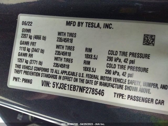 Tesla Model 3 Long Range 2022 5YJ3E1EB7NF278546 Image 9