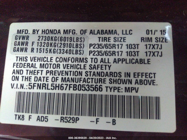 Honda Odyssey Ex-l 2015 5FNRL5H67FB053566 Image 10