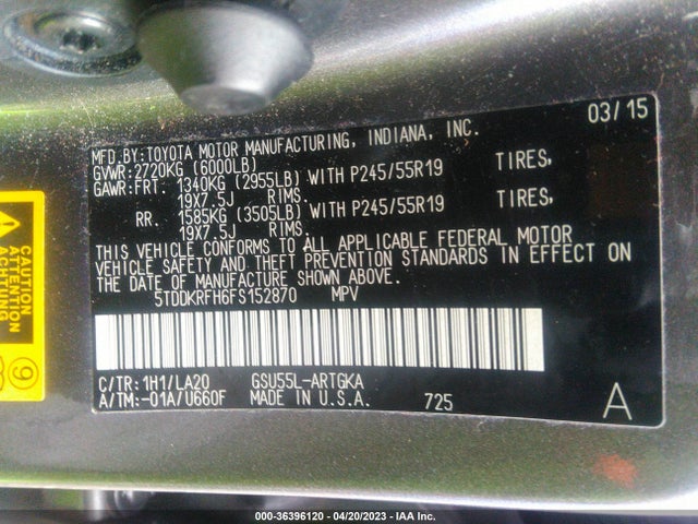 Toyota Highlander Limited 2015 5TDDKRFH6FS152870 Image 10