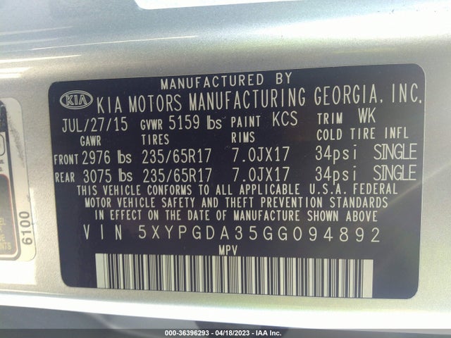Продаж на аукціоні авто 2016 Kia Sorento Lx, vin: 5XYPGDA35GG094892, номер лоту: 36396293