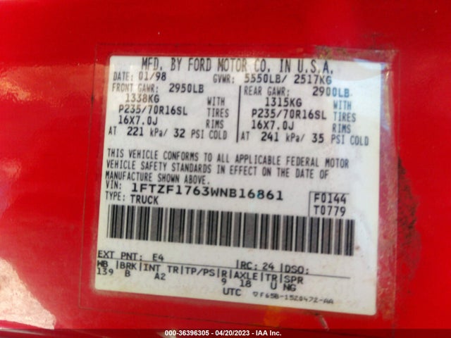 1998 FORD F-150 VIN: 1FTZF1763WNB16861