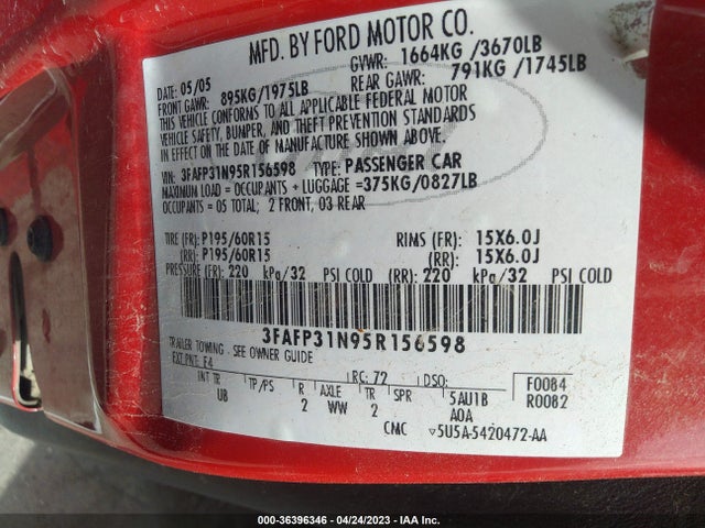 2005 FORD FOCUS S/SE/SES VIN: 3FAFP31N95R156598