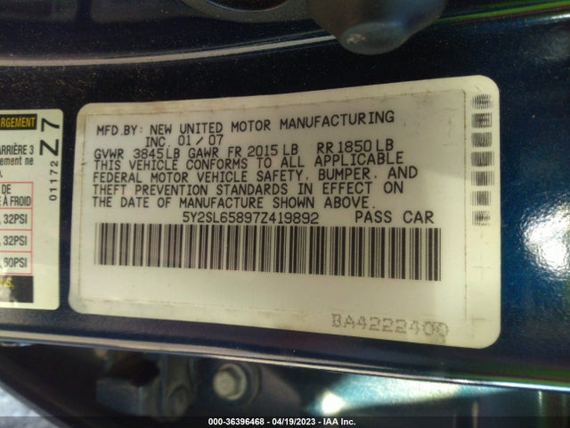 2007 PONTIAC VIBE VIN: 5Y2SL65897Z419892