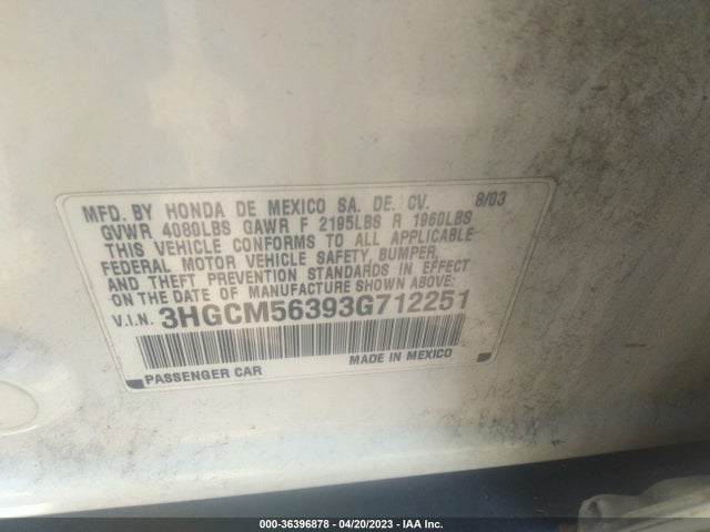 2003 HONDA ACCORD SDN LX VIN: 3HGCM56393G712251