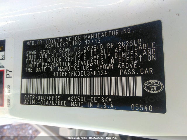 2014 TOYOTA CAMRY L/LE/XLE/SE/SE SPORT VIN: 4T1BF1FK0EU348124