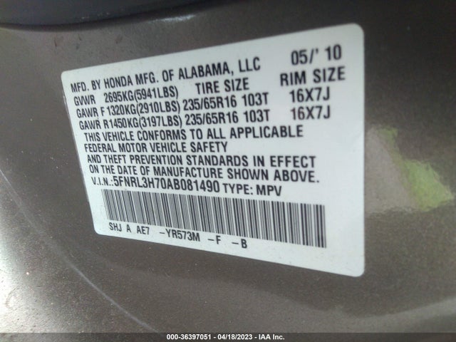 2010 HONDA ODYSSEY EX-L VIN: 5FNRL3H70AB081490