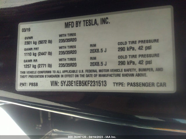 Tesla Model 3 Long Range/performance 2019 5YJ3E1EB5KF231513 Image 9