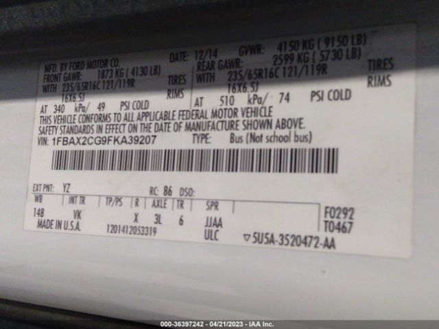 1FBAX2CG9FKA39207 Ford Transit Wagon Xl/xlt