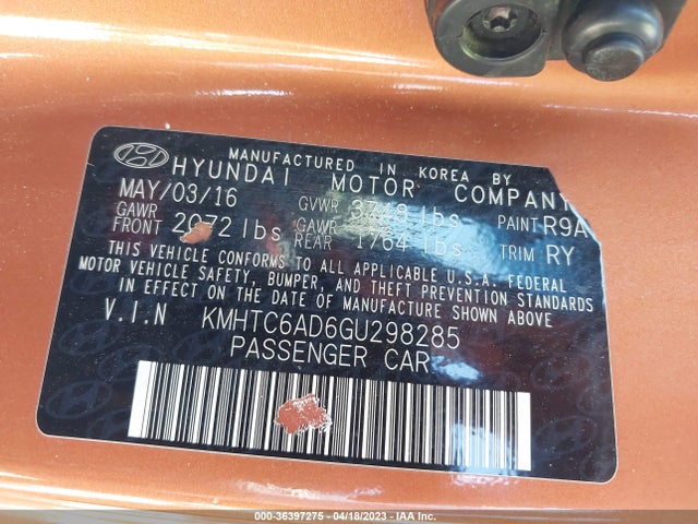 Hyundai VELOSTER 2016 KMHTC6AD6GU298285 Image 10