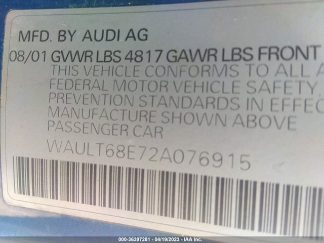 2002 AUDI A4 3.0L VIN: WAULT68E72A076915