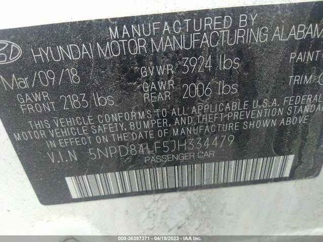 2018 HYUNDAI ELANTRA SEL VIN: 5NPD84LF5JH334479