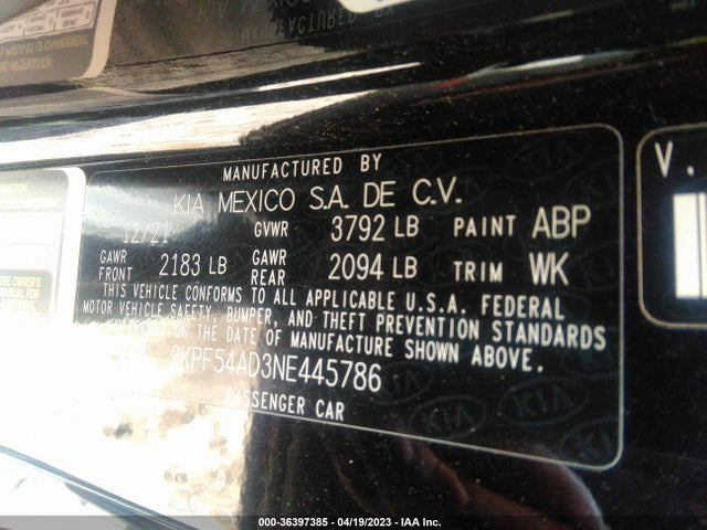 2022 KIA FORTE GT LINE VIN: 3KPF54AD3NE445786