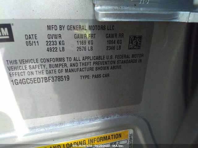 36397474 :رقم المزاد ، 1G4GC5ED7BF378519 vin ، 2011 Buick Lacrosse Cxl مزاد بيع