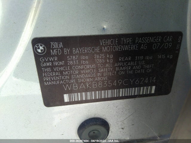 2009 BMW 7 SERIES 750LI VIN: WBAKB83549CY62414