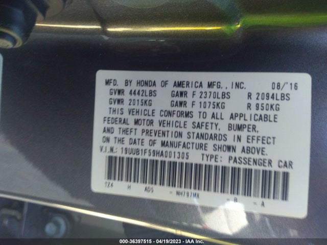 36397515 :رقم المزاد ، 19UUB1F59HA001305 vin ، 2017 Acura Tlx W/technology Pkg مزاد بيع