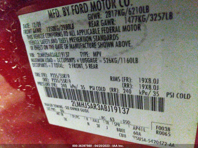 2010 LINCOLN MKT VIN: 2LMHJ5AR3ABJ19137