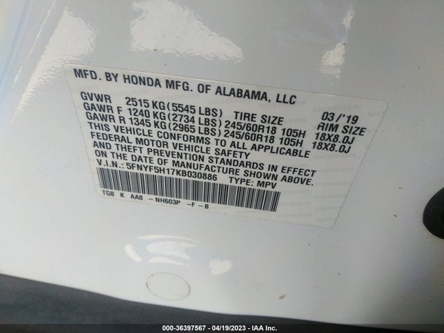 Honda PILOT LX 2019 5FNYF5H17KB030886 Image 9