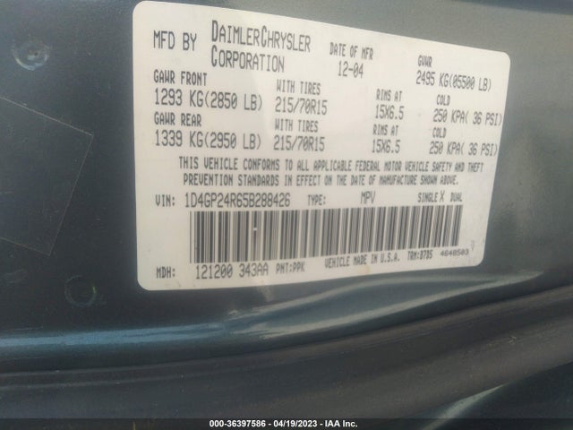 2005 DODGE GRAND CARAVAN SE VIN: 1D4GP24R65B288426