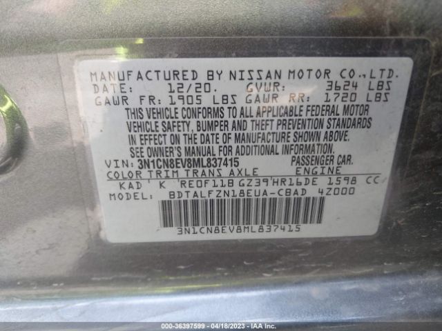 3N1CN8EV8ML837415 Nissan VERSA SV