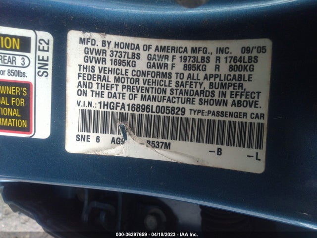 2006 HONDA CIVIC SDN EX VIN: 1HGFA16896L005829