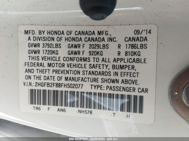 Honda Civic Sedan Ex 2015 2HGFB2F88FH502077 Image 9