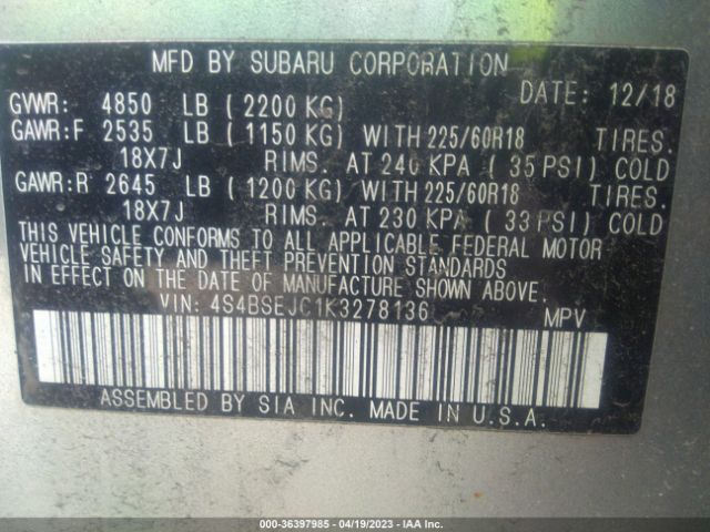 4S4BSEJC1K3278136 Subaru Outback Limited