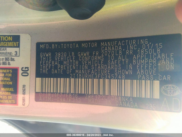 2015 TOYOTA COROLLA L/LE/S/S PLUS/LE PLUS VIN: 2T1BURHE3FC345748