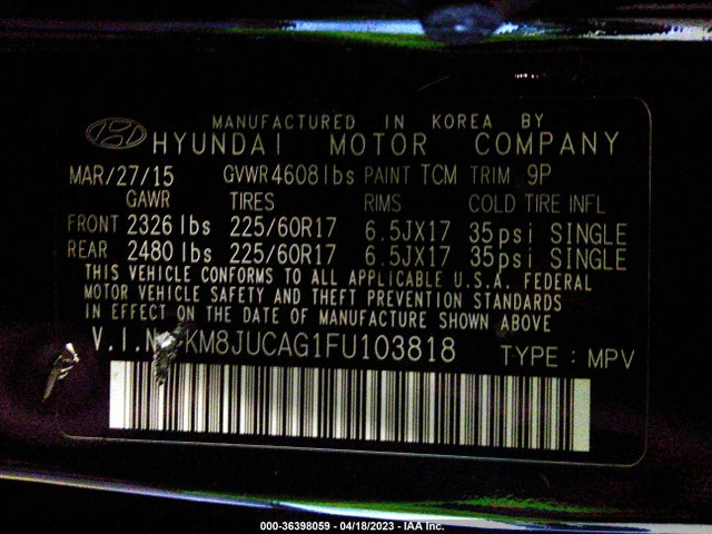 Hyundai TUCSON SE 2015 KM8JUCAG1FU103818 Image 11