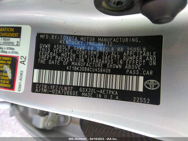 2012 TOYOTA AVALON VIN: 4T1BK3DB8CU458409