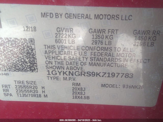 1GYKNGRS9KZ197783 Cadillac Xt5 Platinum Awd