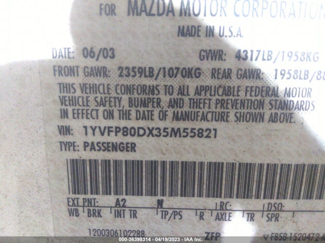 2003 MAZDA MAZDA6 S VIN: 1YVFP80DX35M55821