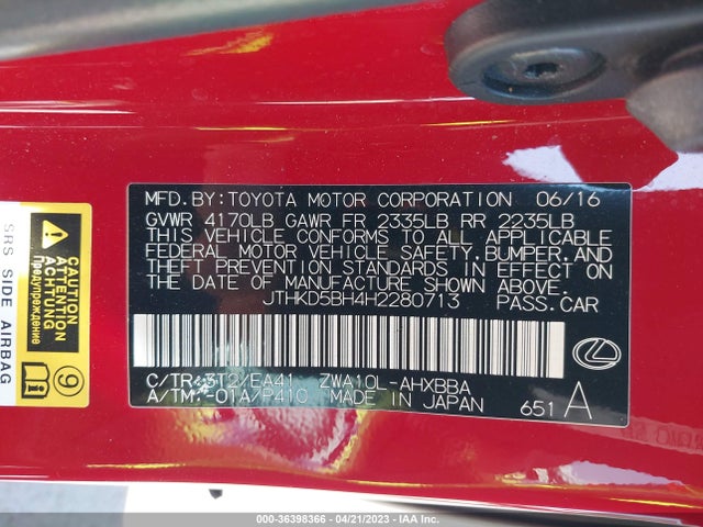 JTHKD5BH4H2280713 Lexus Ct Ct 200h