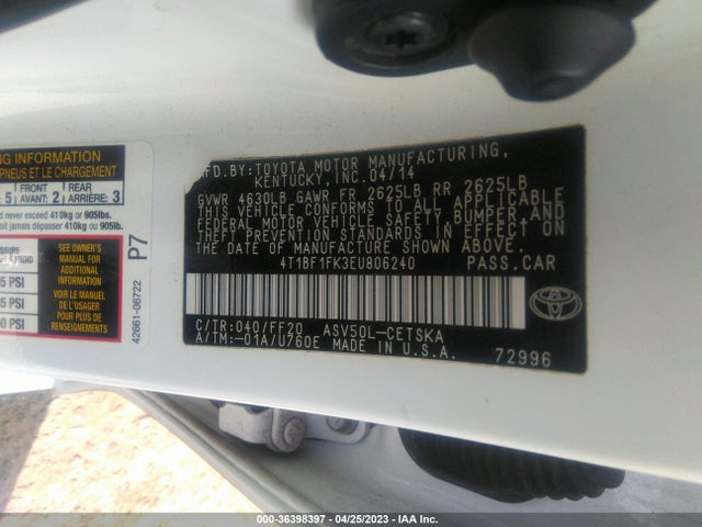 2014 TOYOTA CAMRY L/LE/XLE/SE/SE SPORT VIN: 4T1BF1FK3EU806240