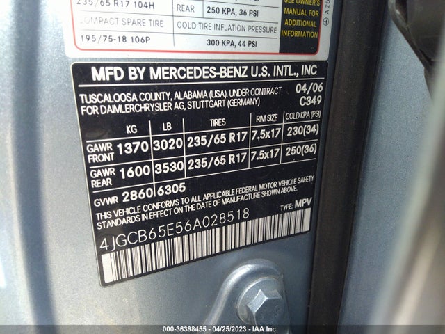 2006 MERCEDES-BENZ R-CLASS 3.5L VIN: 4JGCB65E56A028518