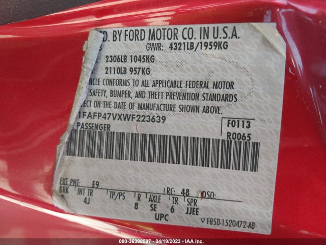 1998 FORD MUSTANG SVT COBRA VIN: 1FAFP47VXWF223639