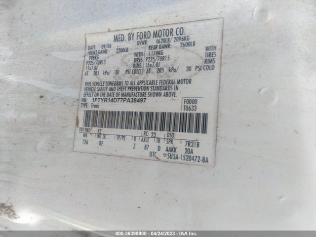 2007 FORD RANGER XL/STX/XLT VIN: 1FTYR14D77PA38497