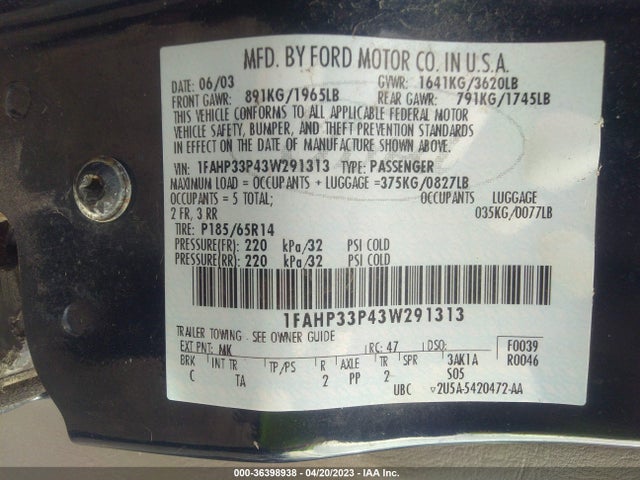 2003 FORD FOCUS LX VIN: 1FAHP33P43W291313