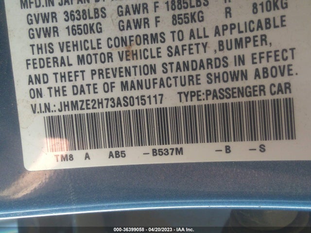 2010 HONDA INSIGHT EX VIN: JHMZE2H73AS015117