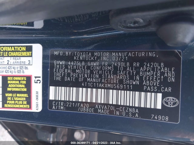Toyota CAMRY LE 2021 4T1C11AKXMU569111 Image 10