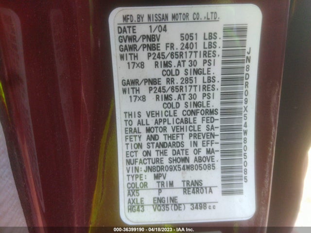 2004 NISSAN PATHFINDER LE PLATINUM VIN: JN8DR09X54W805085