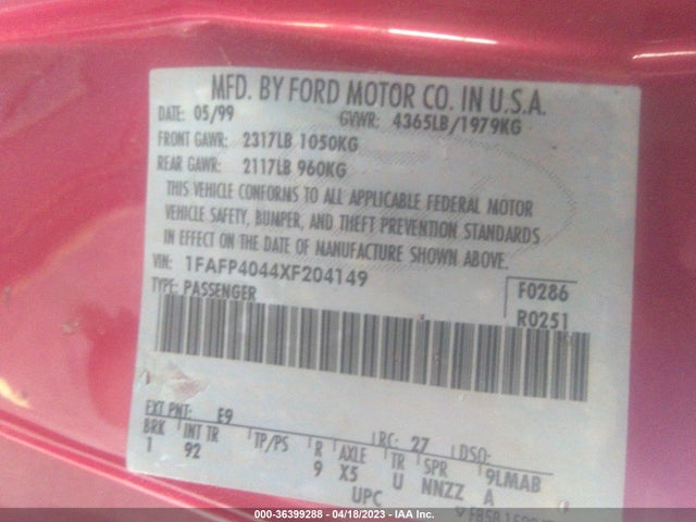 1999 FORD MUSTANG VIN: 1FAFP4044XF204149