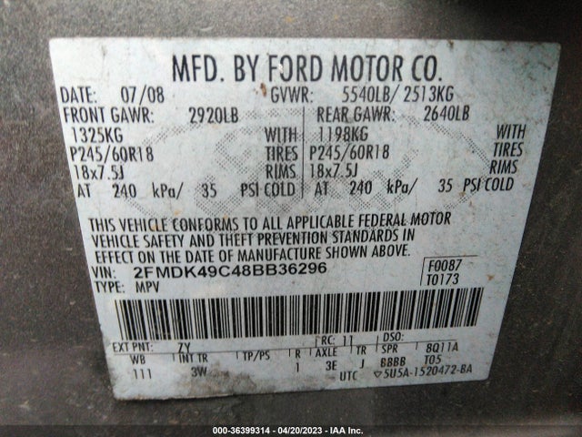 2008 FORD EDGE LIMITED VIN: 2FMDK49C48BB36296