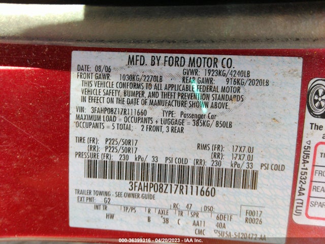 2007 FORD FUSION SEL VIN: 3FAHP08Z17R111660